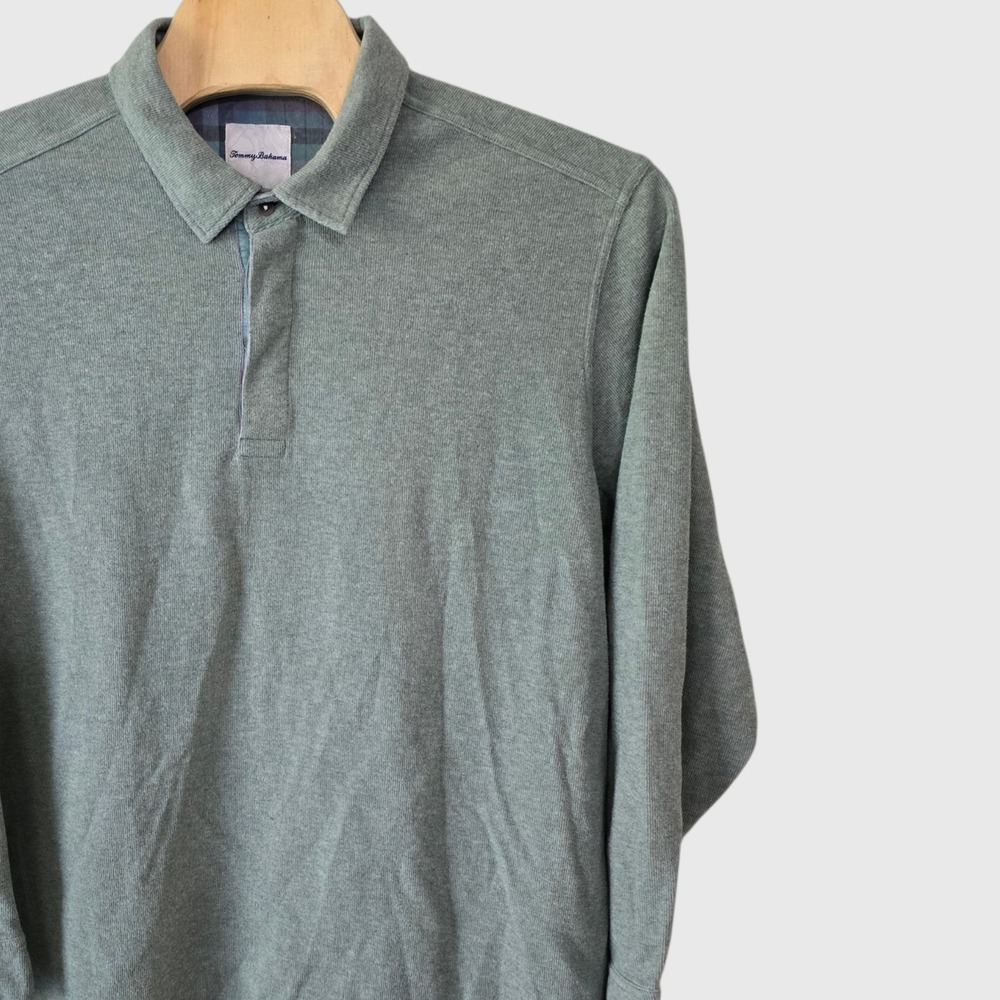 Tommy Bahama Mens Sage Green Textured Long Sleeve Polo Shirt XL 27.5 Pit to Pit